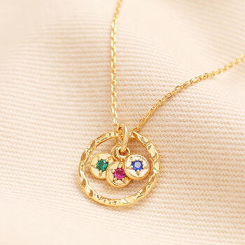 Personalised Family Hammered Halo And Birthstone Pendant Necklace In Gold Plating, 3 of 5
