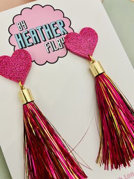 Pink Tassel Heart Glitter Resin Earrings, 4 of 6
