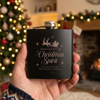 Personalised Christmas Spirit Engraved Black Metal Hip Flask 6oz, 2 of 5