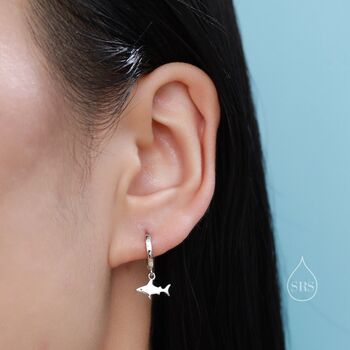 Sterling Silver Tiny Shark Fish Huggie Hoop Earrings, 2 of 10