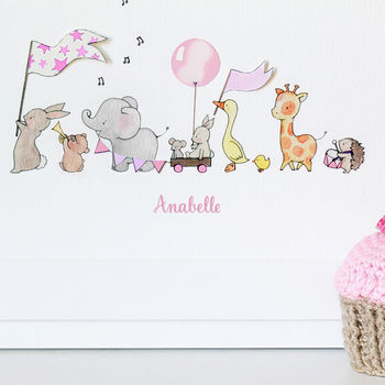Personalised Pink Animals On Parade Nursery Art Print, 3 of 11