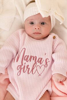 Mama's Girl/Boy Or Daddy's Girl/Boy Embroidered Baby Long Sleeve Knitted Romper, 5 of 12
