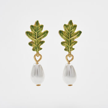 Oak Leaf Pearl Drop Gold Earrings, 2 of 8
