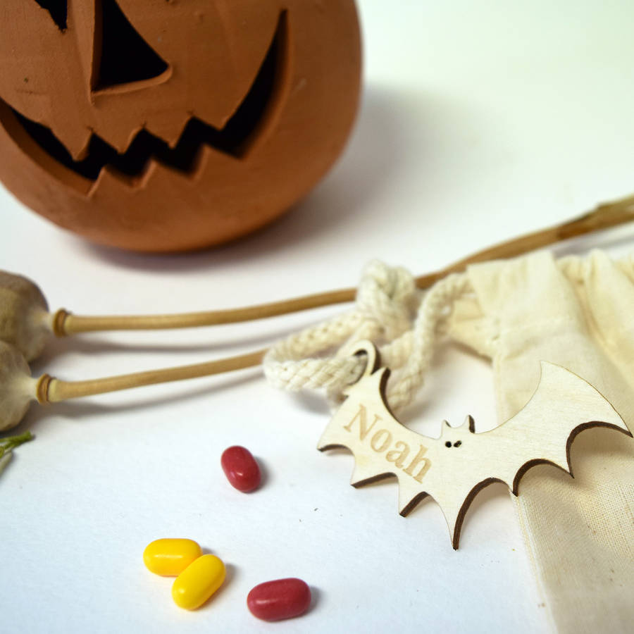personalised halloween bat tag and trick or treat bag by hickory