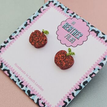 Red Glitter Apple Stud Earrings / Gift For Teacher / Fruit Studs / Snow White Fairytale Jewellery, 4 of 4
