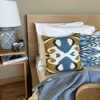 Square Ikat Silk Cushion Ochre And Blue Heart, 6 of 11