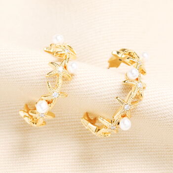 Starfish And Pearl Hoop Earrings In Gold Plating, 2 of 4