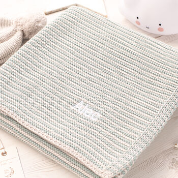 Aqua And Pale Grey Mini Stripe Knitted Baby Blanket, 3 of 11