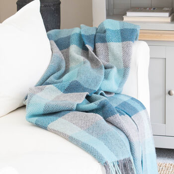 Blue And Grey Check Merino And Cashmere Wool Throw, 3 of 4