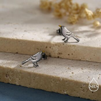 Little Black Bird Stud Earrings In Sterling Silver With Yellow Beak, 5 of 10