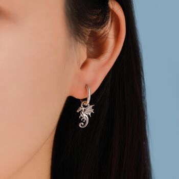Sterling Silver Flying Dragon Huggie Hoop Earrings, 6 of 11