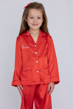 Personalised Girl's Luxury Red Christmas Silky Satin Pyjamas, 11 of 12