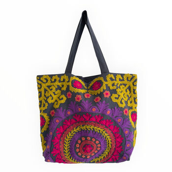 Embroidered Suzani Shoulder Bag In Dark Grey, 10 of 12