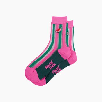Watermelon Stripes Combed Cotton Sheer Pop Socks In Pink, 3 of 4