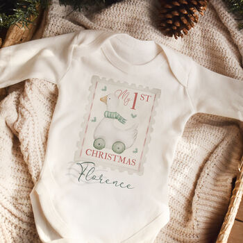 Personalised ‘My First Christmas’ Goose Baby Sleepsuit, 2 of 4