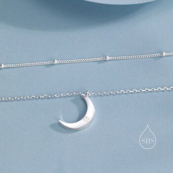 Sterling Silver Double Layer Moon Necklace With Satellite Chain, 5 of 11