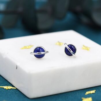 Genuine Blue Lapis Lazuli Planet Stud Earrings, 4 of 11