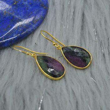 Ruby Zoisite Earrings: Gold Plated Silver, Anyolite, Teardrop Or Rectangular Dangle Drop, 8 of 12