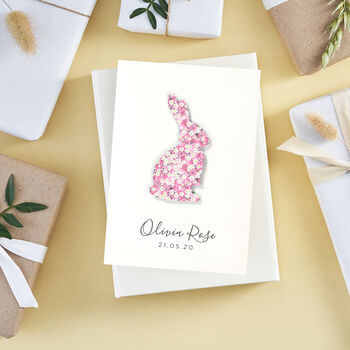 Personalised Liberty Print Bunny Rabbit New Baby Card, 2 of 4