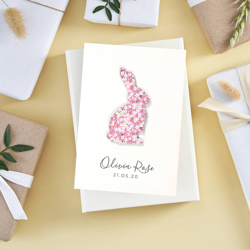 Personalised Liberty Print Bunny Rabbit New Baby Card, 1 of 4