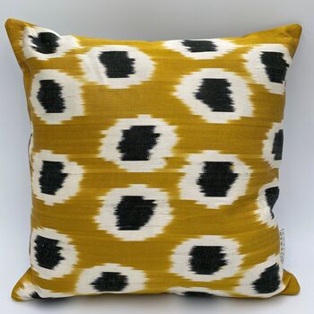 Square Ikat Silk Cushion Gold And Black Spot, 3 of 7