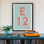 E12 Newham, Redbridge Typography Postcode Print, thumbnail 1 of 10