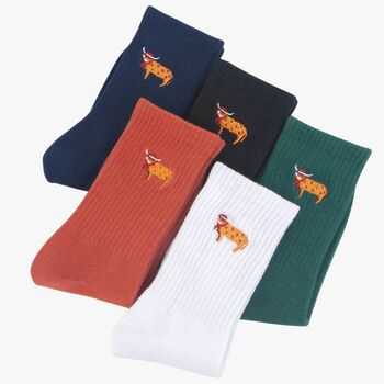 Men's Christmas Highland Cow Embroidered Cotton Socks Five Pack, 2 of 8