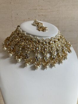 Indian Gold Plated Kundan And Pearl White Choker Set, 2 of 8