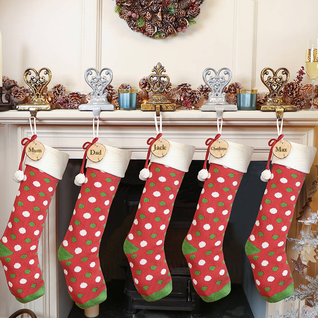 personalised red knit polka dot stocking with pom poms by dibor