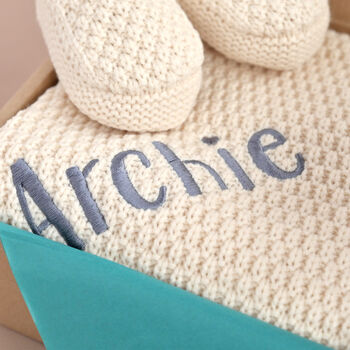 Personalised Luxury Ivory Knitted Blanket, Booties And Monkey Gift Box, 12 of 12