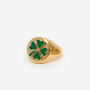 Gold Chunky Solid Signet Ring Emerald Green Clover, thumbnail 1 of 3