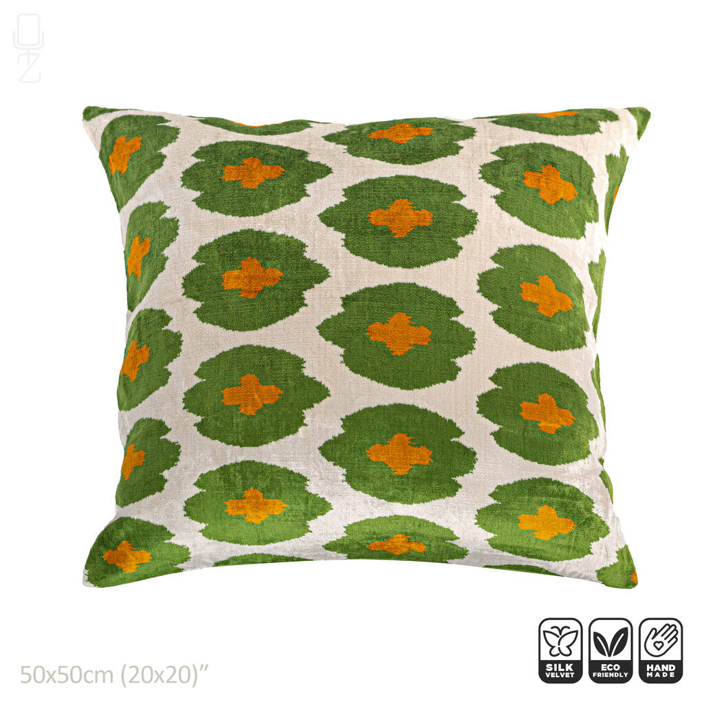Green And Orange Silk Ikat Velvet Cushion Cover 50x50cm, 1 of 5