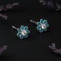 Sterling Silver Teal Forget Me Not Flower Stud Earrings, thumbnail 3 of 8