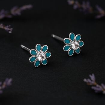 Sterling Silver Teal Forget Me Not Flower Stud Earrings, 3 of 8