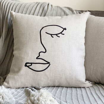 Embroidered Face Art Linen Cushion, 5 of 5
