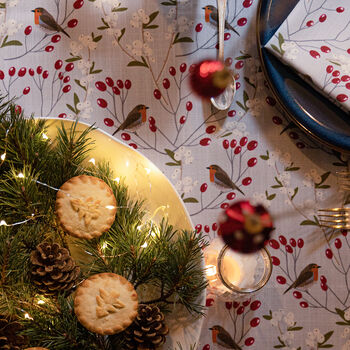 Luxury Christmas Tablecloth Robin And Berries Grey, 5 of 5