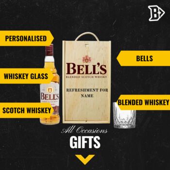Personalised Bells Blended Scotch Whisky Gift Set In Wooden Box With Glass 40% Abv, 2 of 5