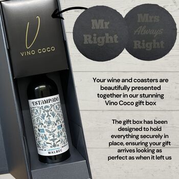 Vino Coco Red Wine Gift Set With Mr And Mrs Slate Coasters Perfect For Anniversaries And Wedding Presents, 8 of 8