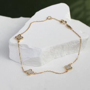 9ct Gold Mother Of Pearl Clover Bracelet And Earrings Set, 5 of 7