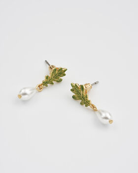 Oak Leaf Pearl Drop Gold Earrings, 5 of 8