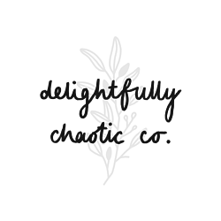 A transluscent illustrated leaf drawing with a black overlay that reads 'delightfully chaotic co.' in a hand-lettered font.