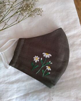 Hand Embroidered Daisy On Olive Face Mask, 5 of 5