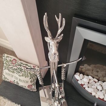 Chrome Fireside Companion Five Piece Stag Design Fireplace Set, 5 of 9
