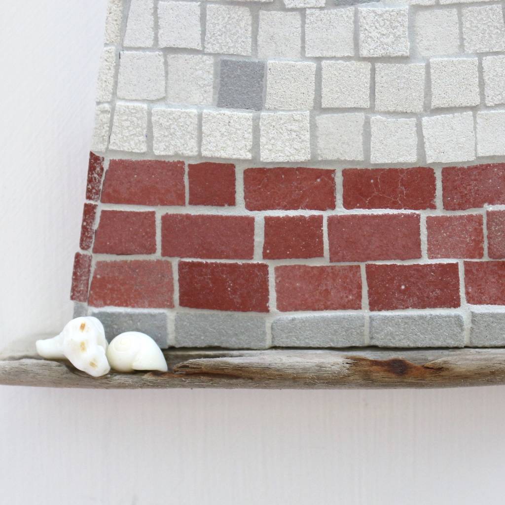 red lighthouse and shells coastal mosaic wall art by rana cullimore