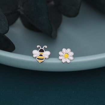 Mismatched Enamel Bee And Flower Stud Earrings, 4 of 8