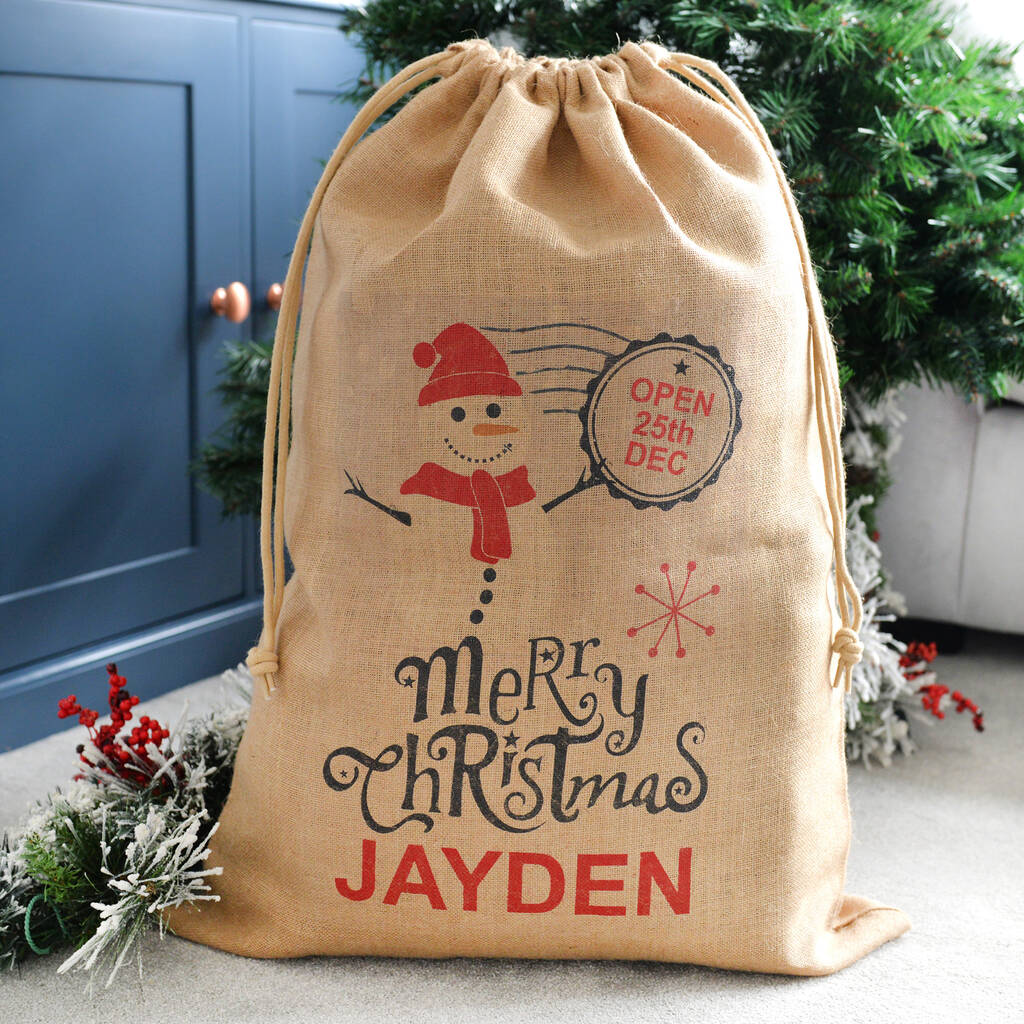 Personalised Christmas Snowman Hessian Santa Sack By A Type Of Design