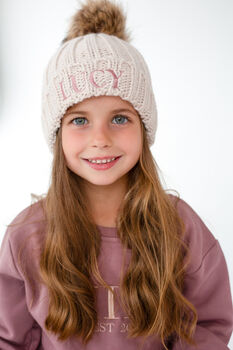 Child's Personalised Name Embroidered Faux Fur Pompom Bobble Hat, 2 of 7