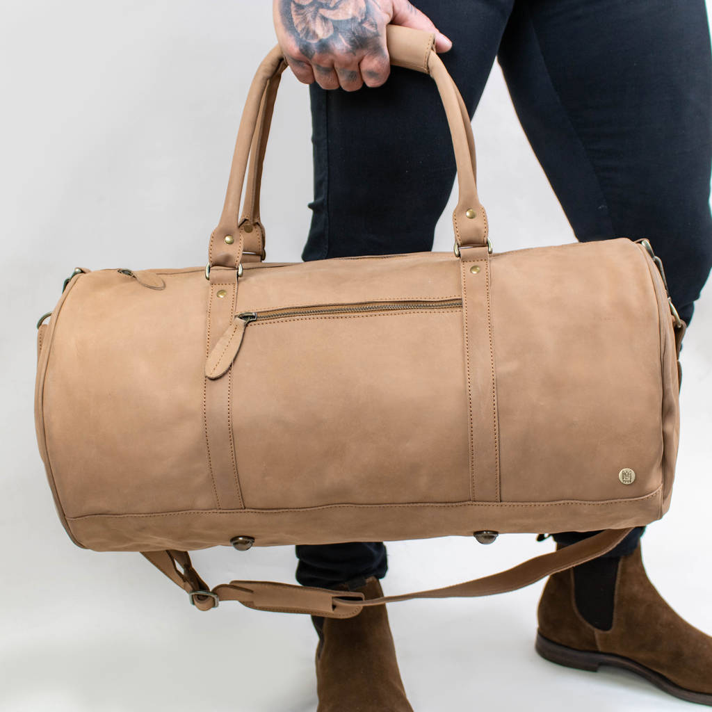 cognac leather duffle bag