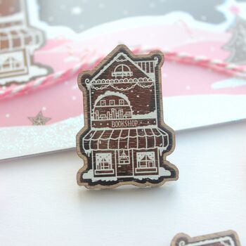 Christmas Wooden Pin Badge, Gingerbread Bookshop, 2 of 6