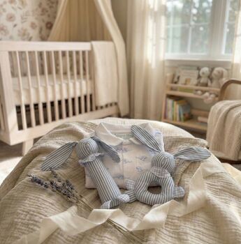 Personalised Baby Gift Set With Bunny Rattles Blue, 2 of 2